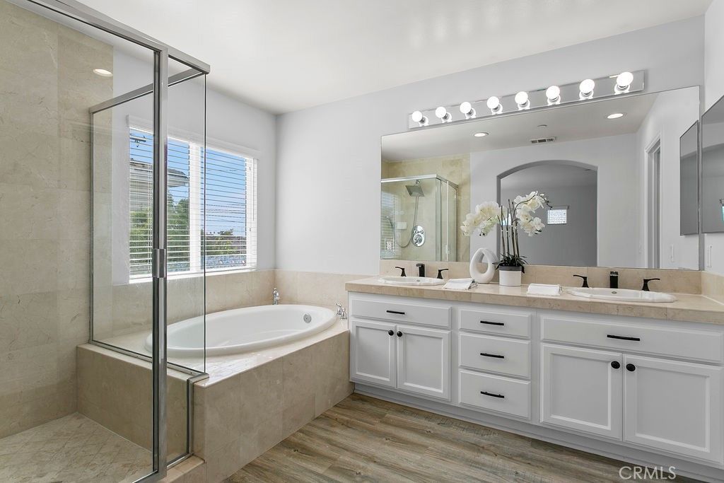 Bathroom, Dual Sink Vanities, Glass Shower, Interior, Wood Texture Flooring