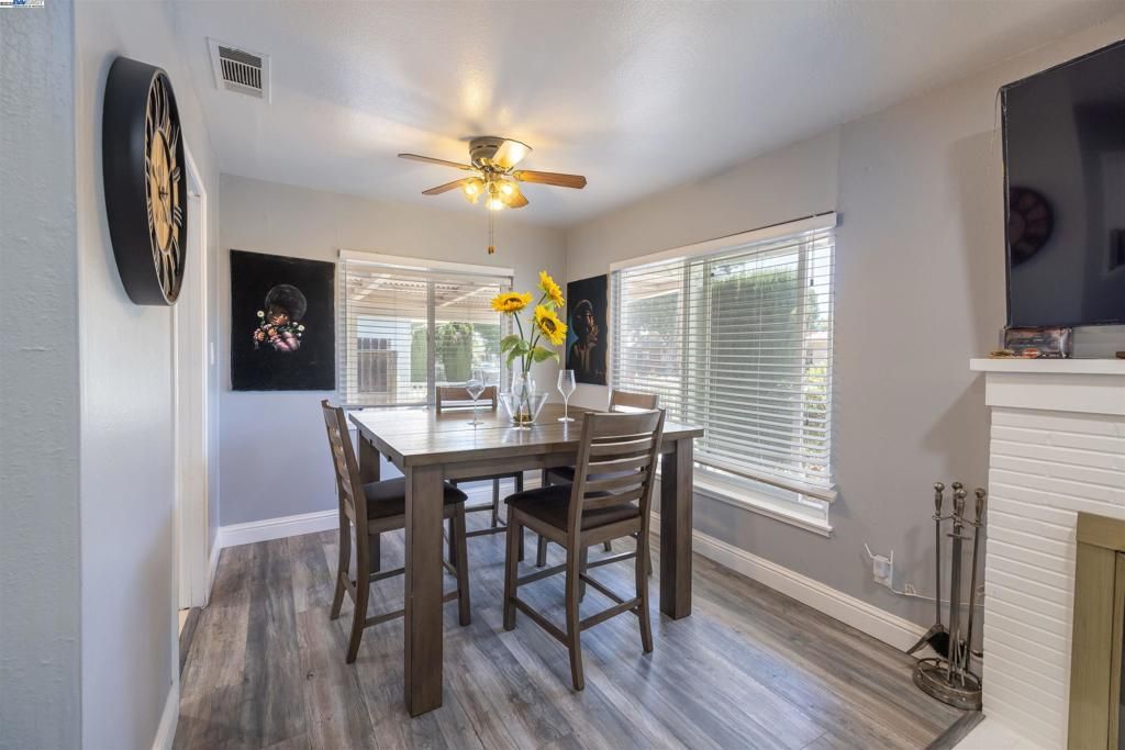 Dining room, Fireplace, Interior, Wood Texture Flooring