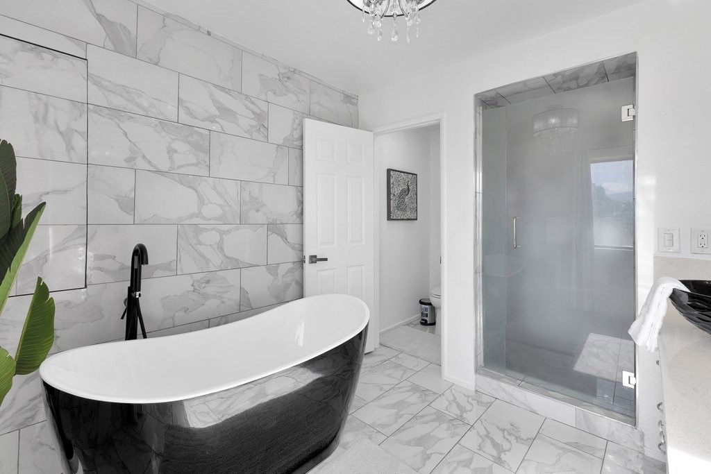 Bathroom, Free Standing Baths, Glass Shower, Interior, Marble, Marble Walls