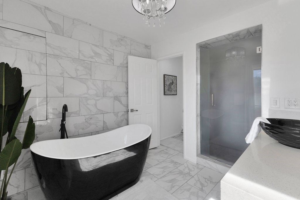 Bathroom, Free Standing Baths, Glass Shower, Interior, Marble, Marble Walls