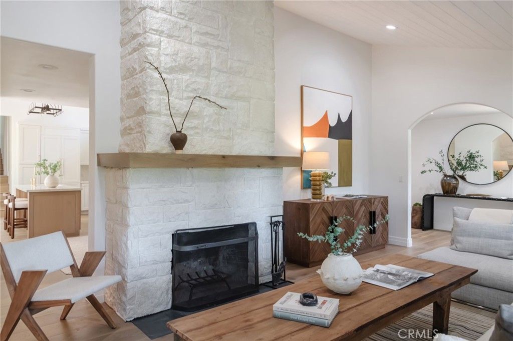Fireplace, Interior, Recessed Lighting, Stone Walls, Wood Texture Flooring