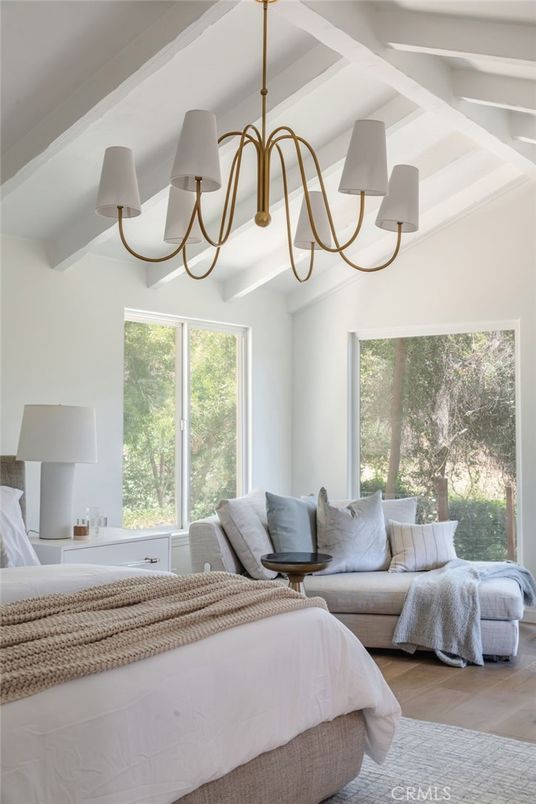 Bedroom, Chandelier, Interior, Wood Texture Flooring