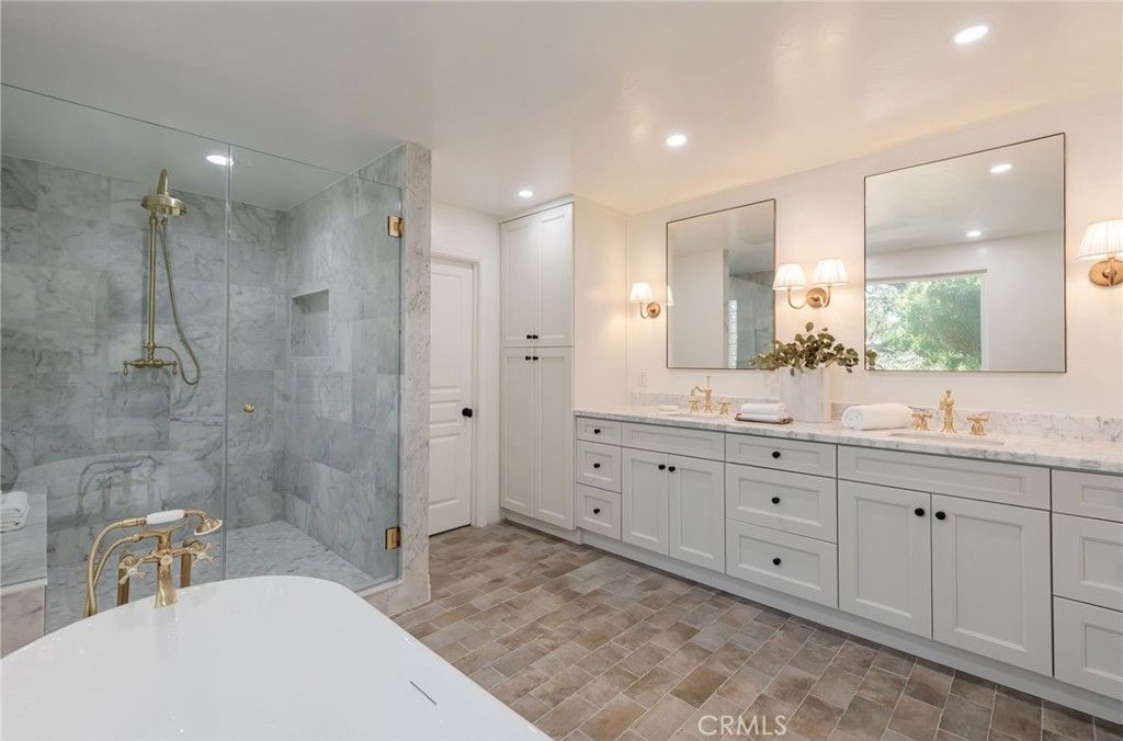 Bathroom, Dual Sink Vanities, Glass Shower, Interior, Marble Walls, Recessed Lighting