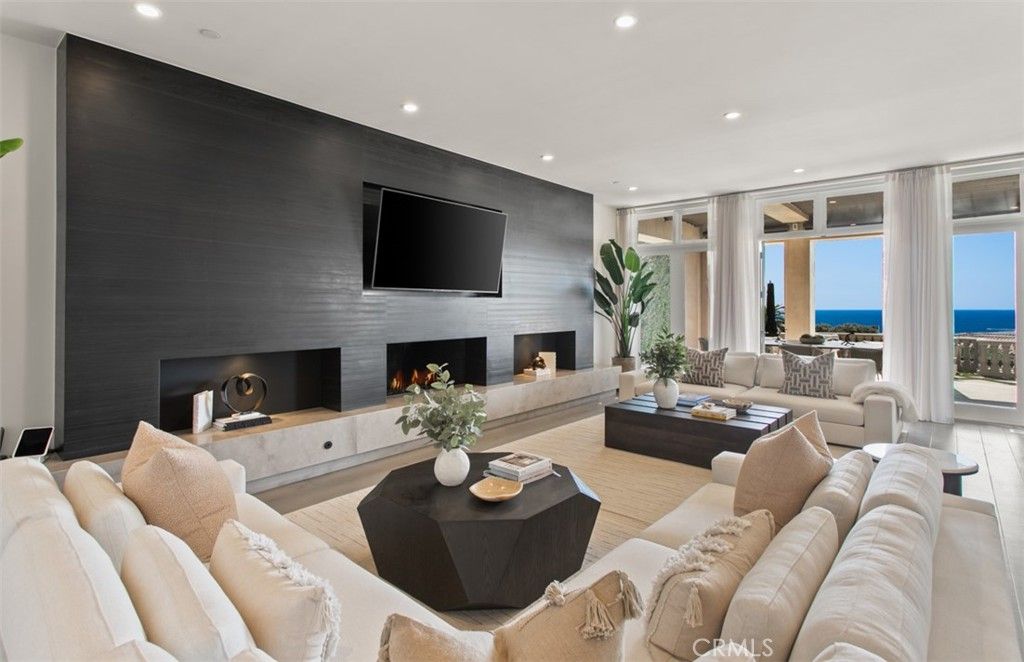 Fireplace, Interior, Living room, Recessed Lighting, Water, Wood Texture Flooring