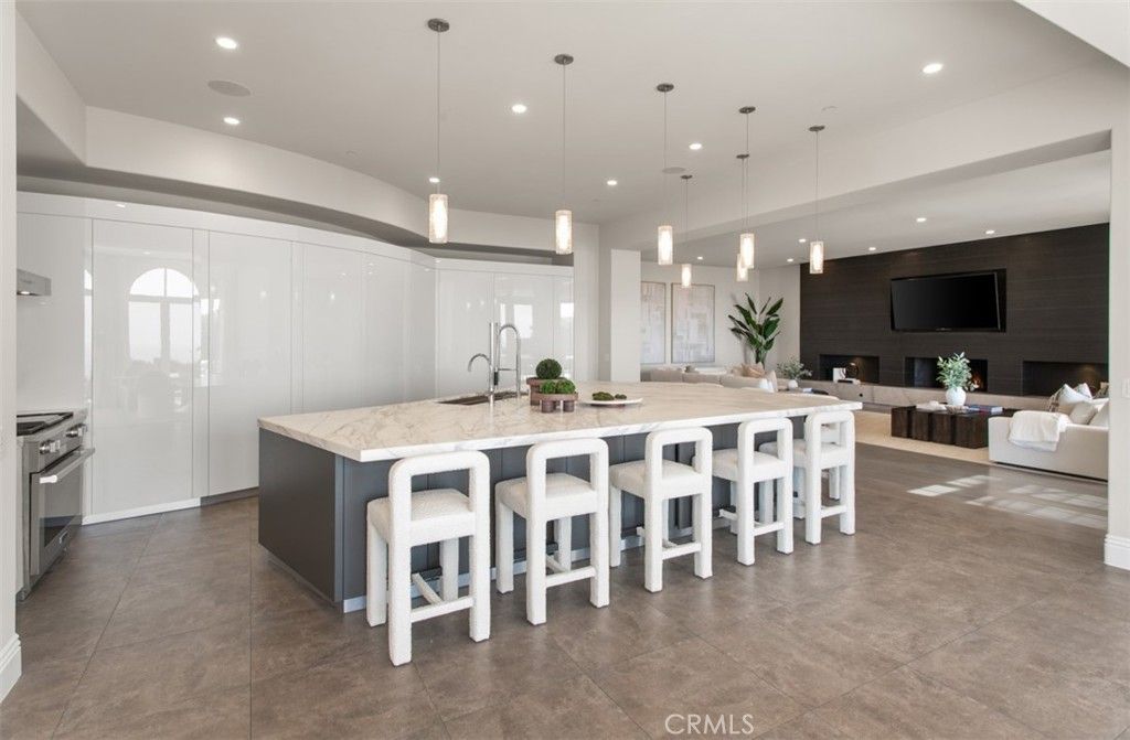 Fireplace, Interior, Kitchen, Living room, Pendant Lights, Recessed Lighting, Stainless Steel Appliances