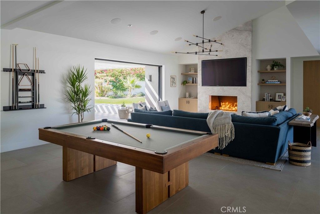 Billiard Table, Fireplace, Game Room, Interior, Living room, Pendant Lights, Recessed Lighting
