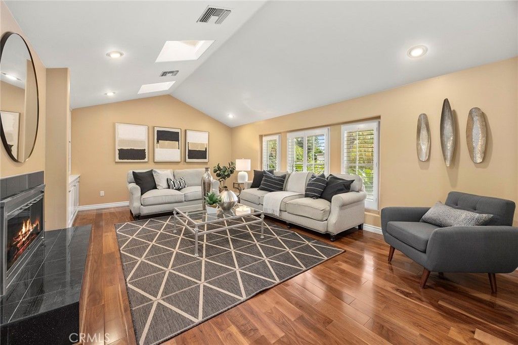 Fireplace, Interior, Living room, Recessed Lighting, Wood Texture Flooring