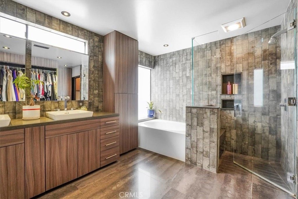 Bathroom, Dual Sink Vanities, Glass Shower, Interior, Recessed Lighting, Wood Texture Flooring