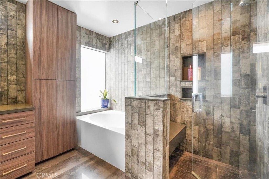 Bathroom, Glass Shower, Interior, Recessed Lighting, Wood Texture Flooring