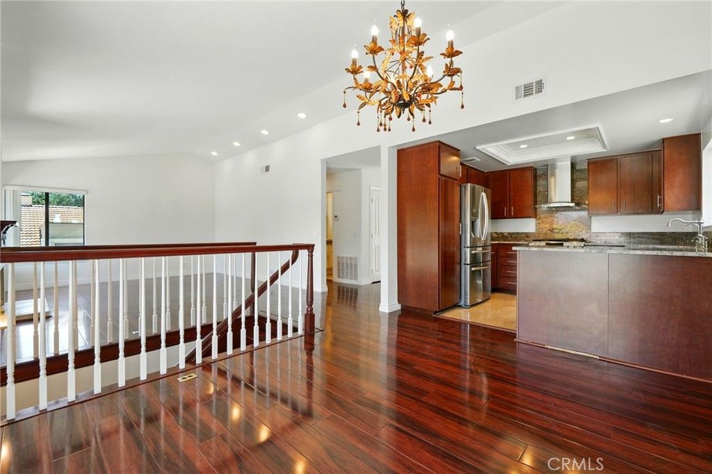 Chandelier, Interior, Kitchen, Recessed Lighting, Stainless Steel Appliances, Wood Texture Flooring