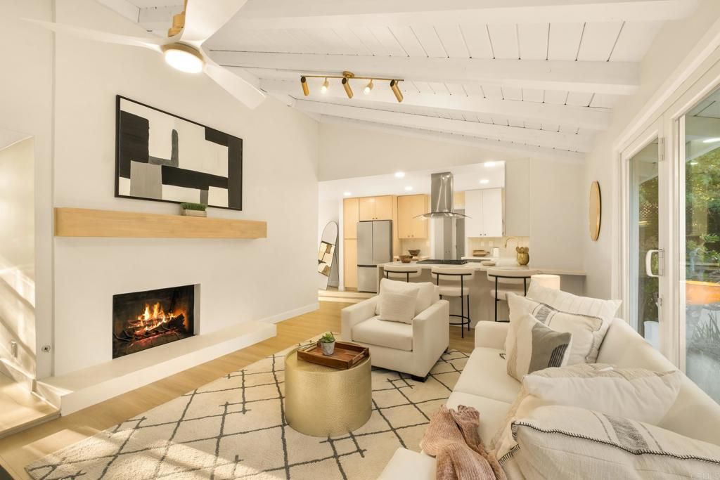 Fireplace, Interior, Kitchen, Living room, Recessed Lighting, Stainless Steel Appliances, Wood Texture Flooring
