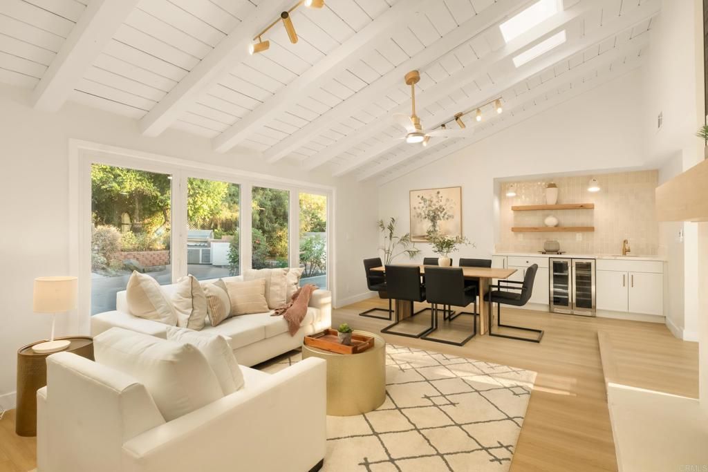 Dining room, Interior, Living room, Pendant Lights, Wood Texture Flooring