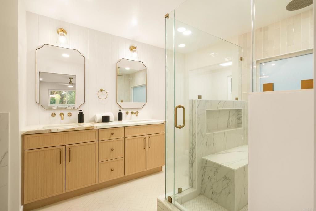 Bathroom, Dual Sink Vanities, Glass Shower, Interior, Marble Walls, Recessed Lighting