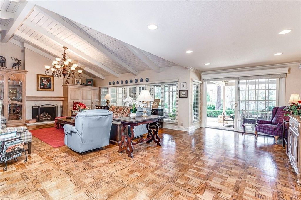 Chandelier, Fireplace, Interior, Living room, Recessed Lighting, Wood Texture Flooring