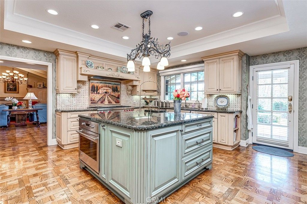 Chandelier, Interior, Kitchen, Pendant Lights, Recessed Lighting, Stainless Steel Appliances, Wood Texture Flooring