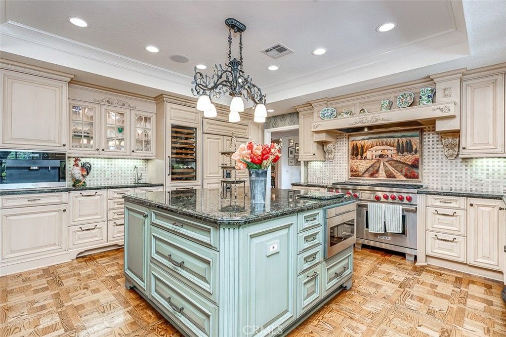 Chandelier, Interior, Kitchen, Recessed Lighting, Stainless Steel Appliances, Wood Texture Flooring