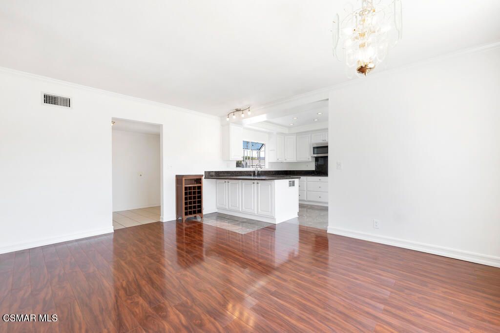 Chandelier, Empty room, Interior, Kitchen, Recessed Lighting, Wood Texture Flooring