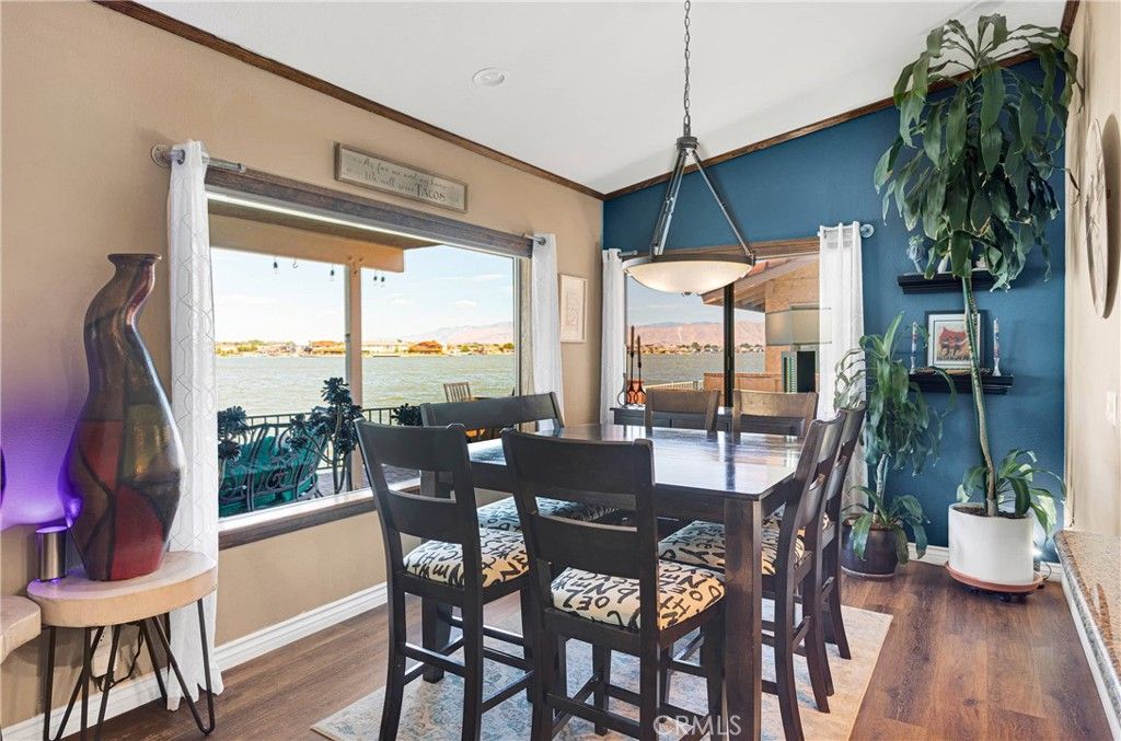 Dining room, Interior, Pendant Lights, Water, Wood Texture Flooring