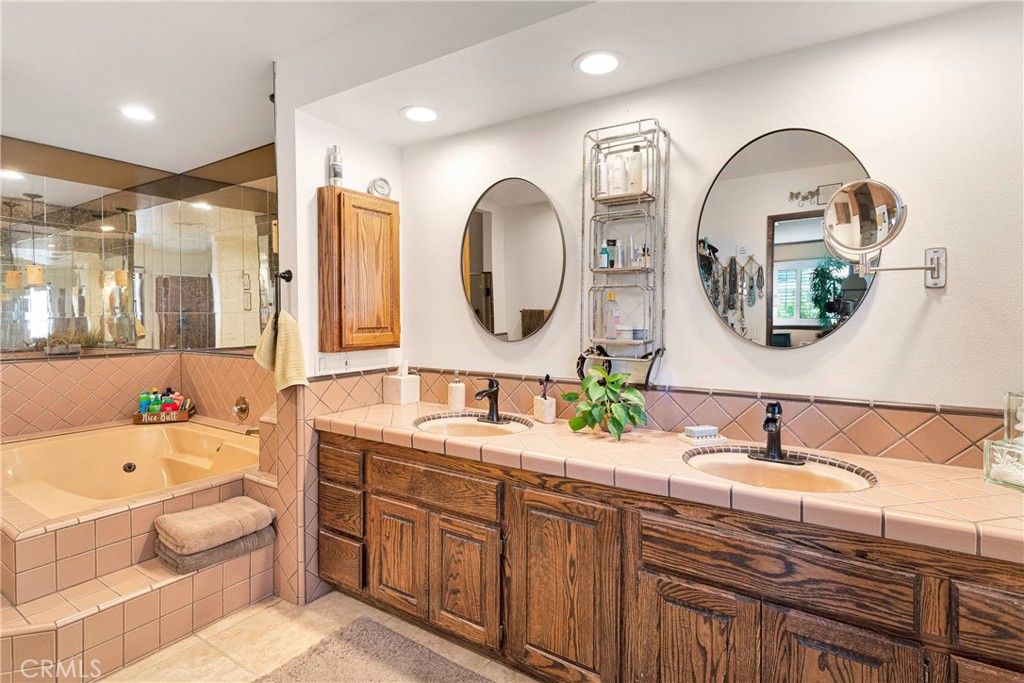 Bathroom, Dual Sink Vanities, Glass Shower, Interior, Recessed Lighting, Tile Countertops
