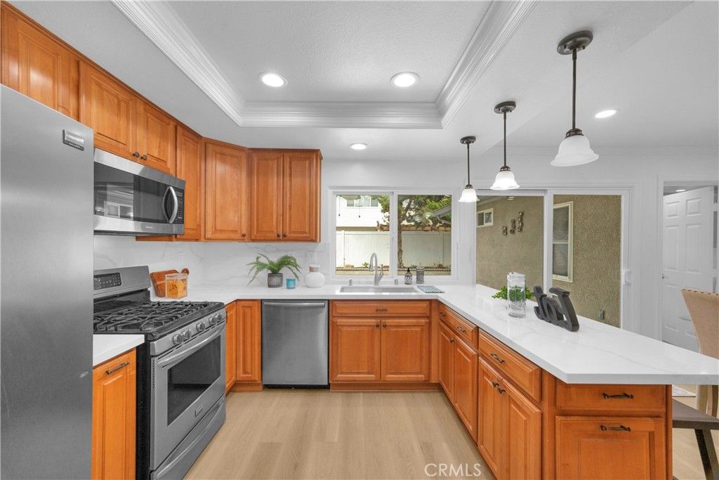 Interior, Kitchen, Pendant Lights, Recessed Lighting, Stainless Steel Appliances, Wood Texture Flooring