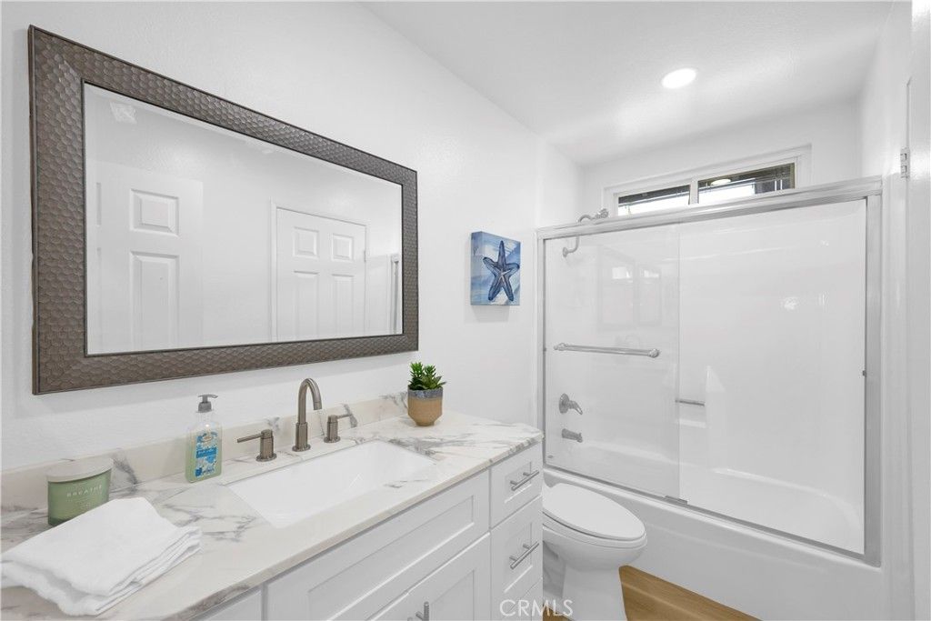 Bathroom, Glass Shower, Interior, Recessed Lighting, Wood Texture Flooring