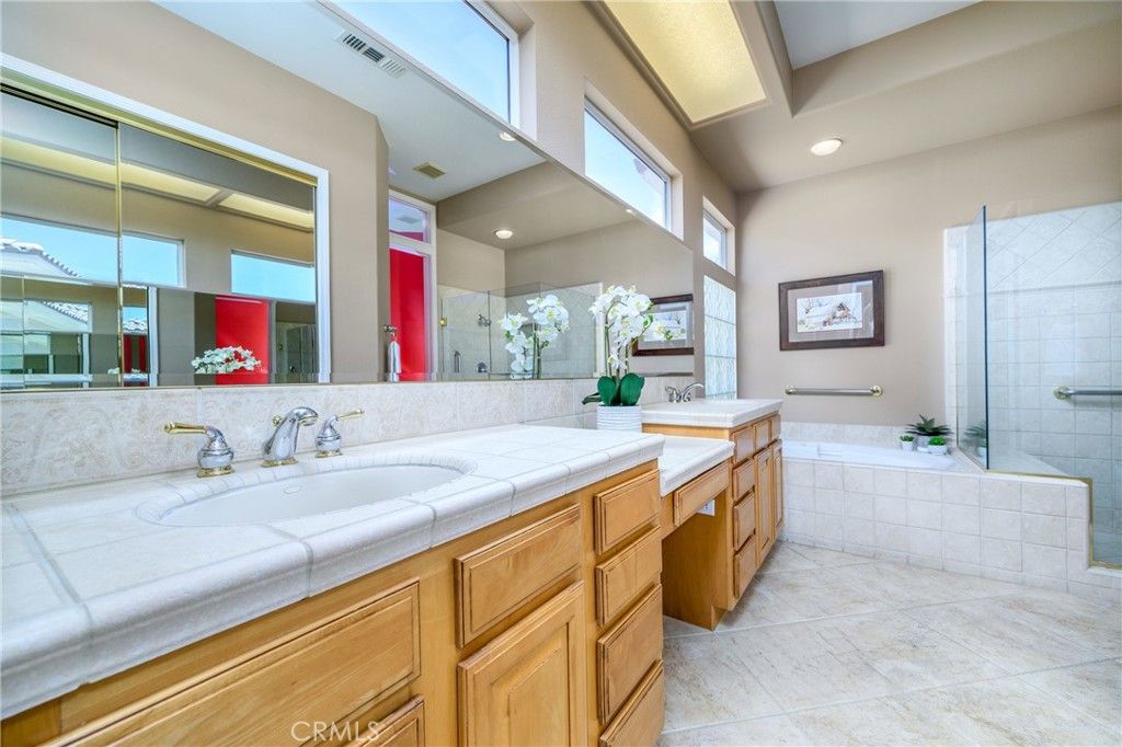 Bathroom, Dual Sink Vanities, Interior, Recessed Lighting, Tile Countertops