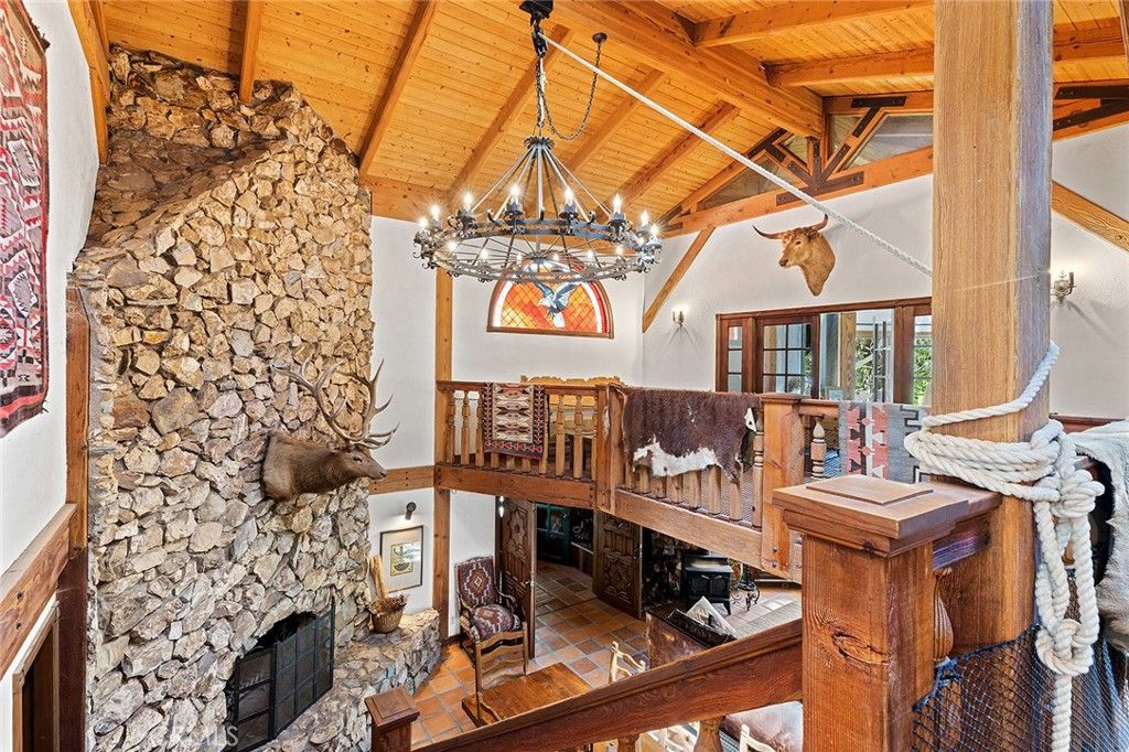 Chandelier, Fireplace, Interior, Pendant Lights, Stone Walls, Wooden Beams, Wooden Ceilings