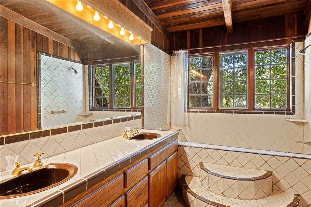 Bathroom, Dual Sink Vanities, Interior, Tile Countertops, Wooden Ceilings
