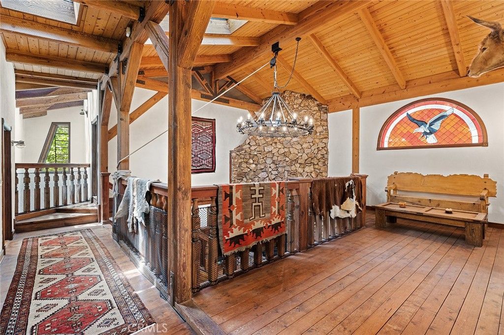 Chandelier, Fireplace, Interior, Pendant Lights, Stone Walls, Wooden Beams, Wooden Ceilings, Wood Texture Flooring
