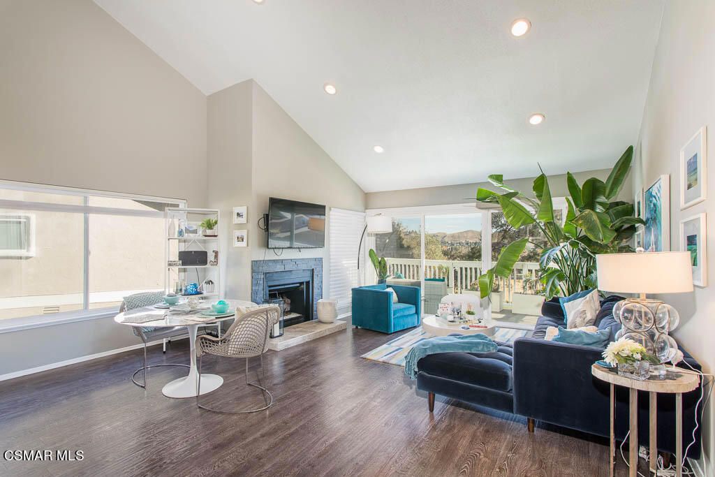 Fireplace, Interior, Living room, Recessed Lighting, Wood Texture Flooring