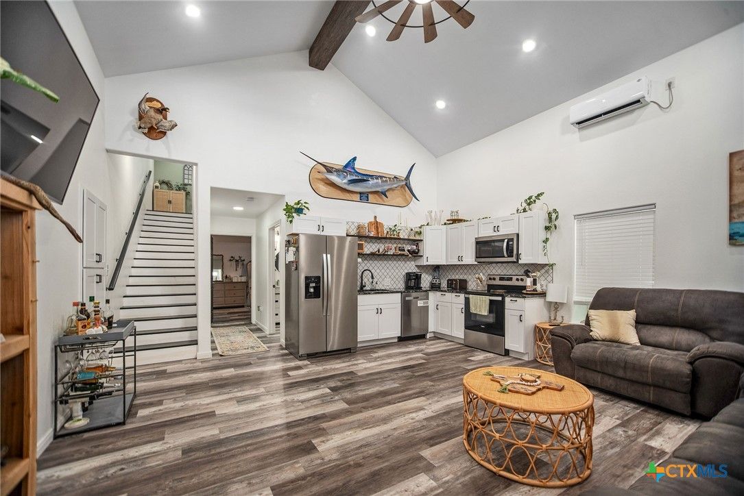 Interior, Kitchen, Living room, Recessed Lighting, Stainless Steel Appliances, Wooden Beams, Wood Texture Flooring
