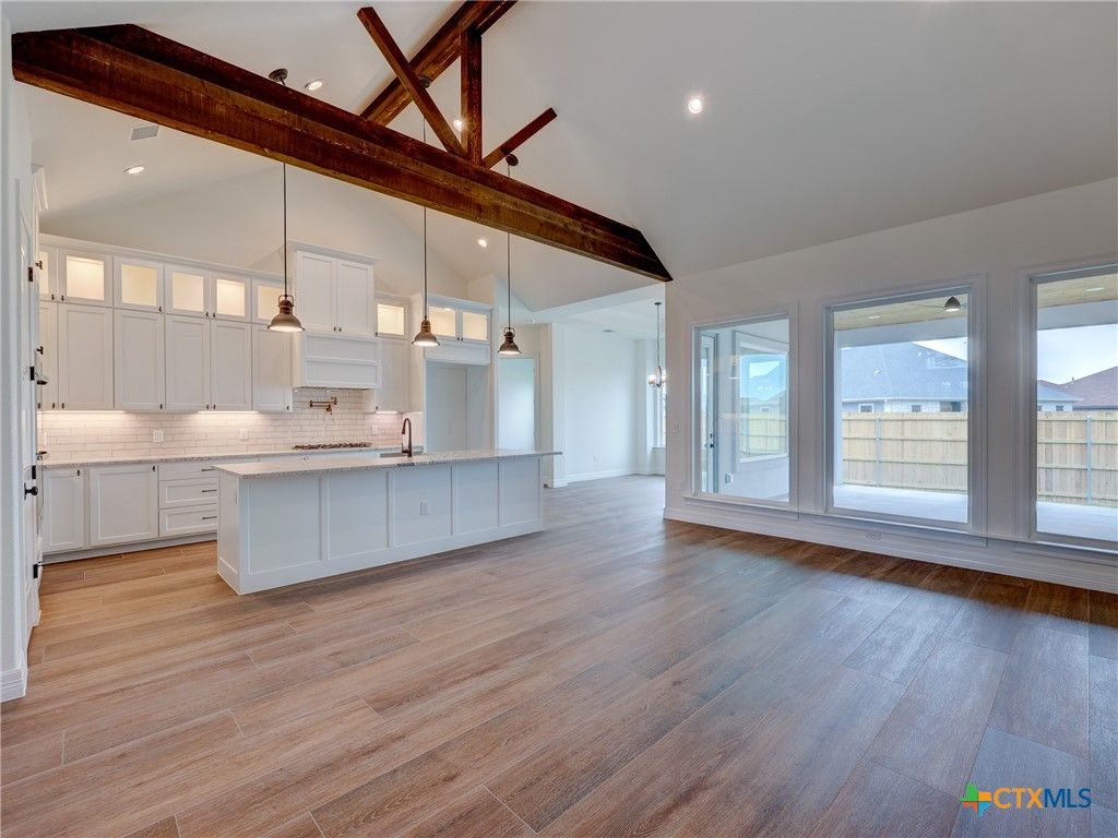 Empty room, Interior, Kitchen, Pendant Lights, Recessed Lighting, Wooden Beams, Wood Texture Flooring