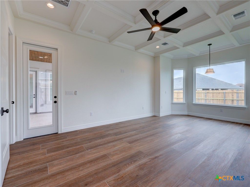 Empty room, Interior, Pendant Lights, Recessed Lighting, Wood Texture Flooring