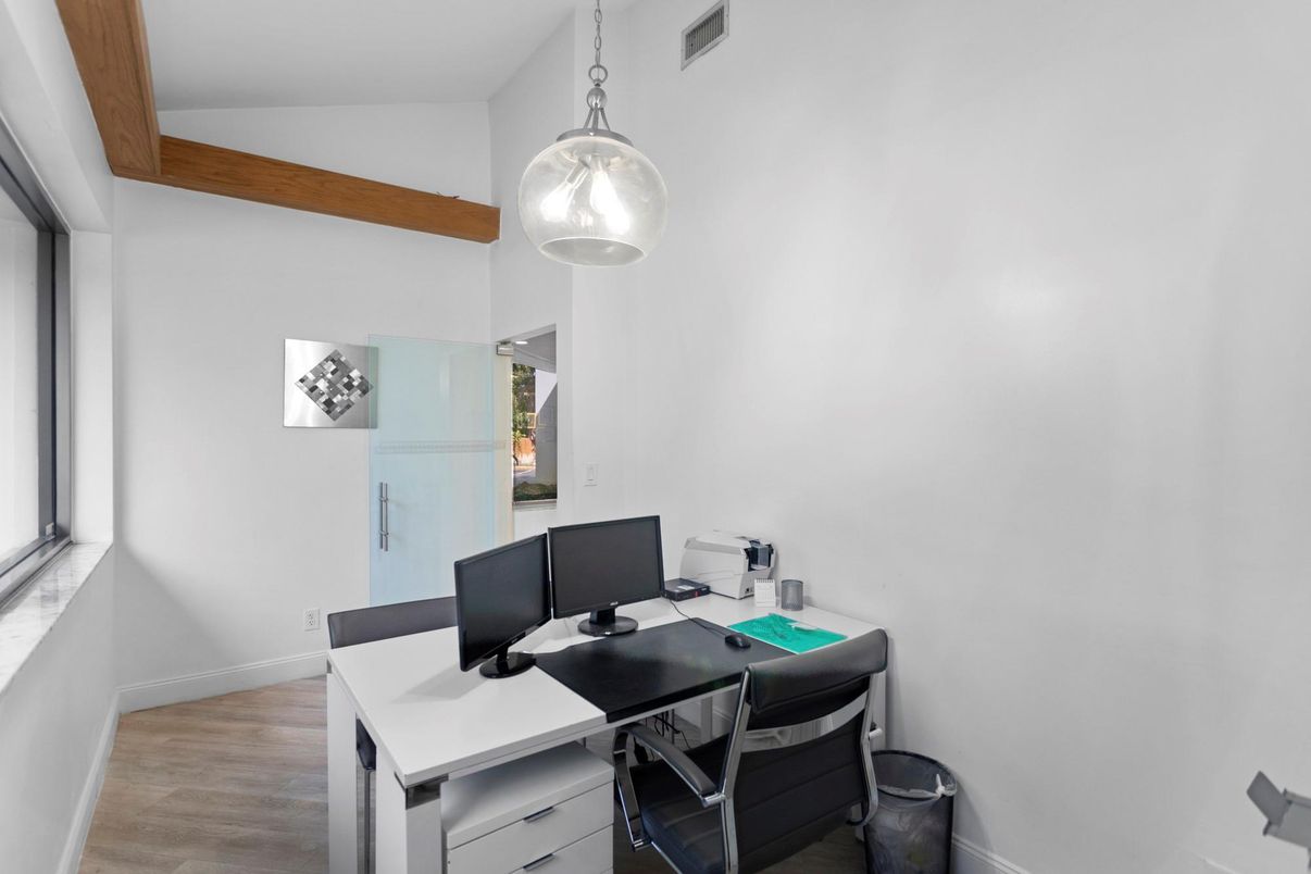 Home Office, Interior, Pendant Lights, Wooden Beams, Wood Texture Flooring