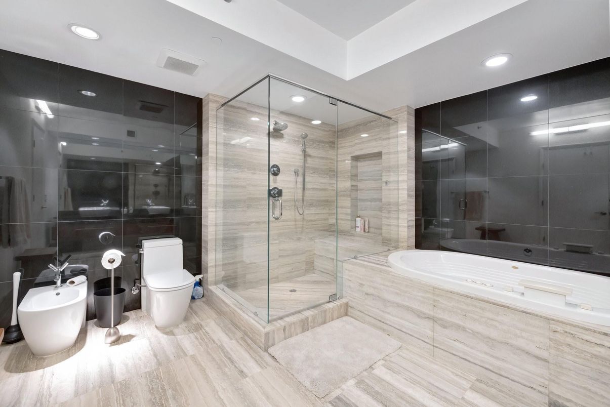 Bathroom, Glass Shower, Interior, Recessed Lighting, Wood Texture Flooring