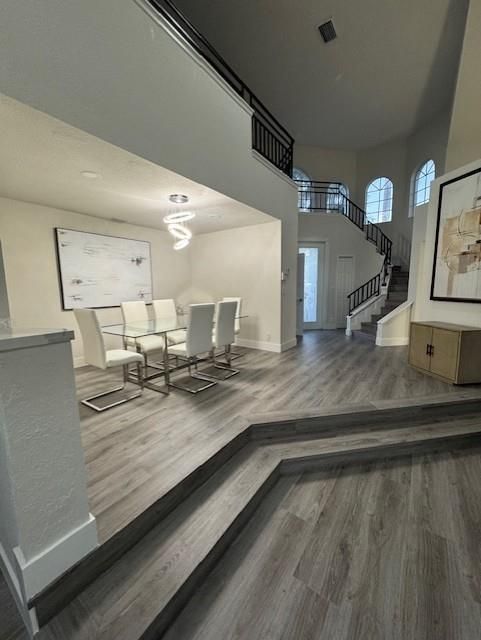 Dining room, Interior, Pendant Lights, Wood Texture Flooring