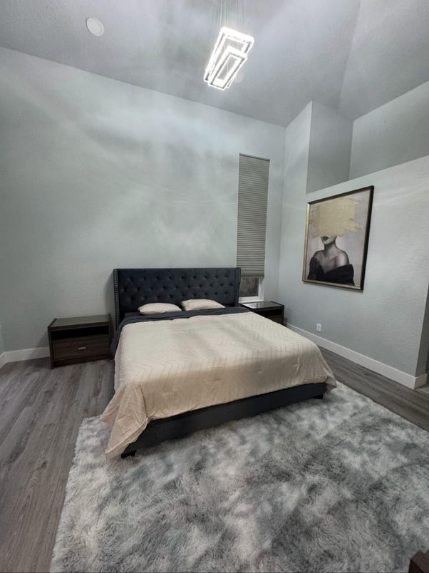 Bedroom, Interior, Pendant Lights, Wood Texture Flooring