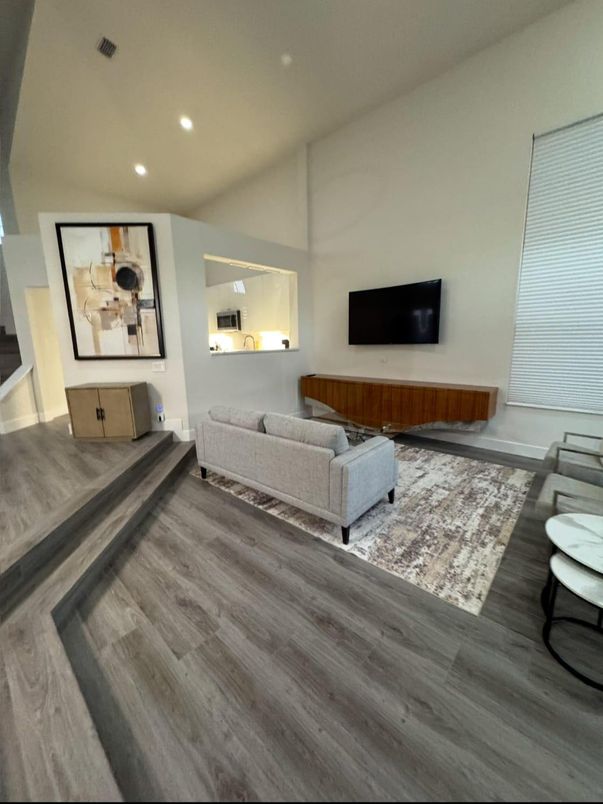 Interior, Living room, Recessed Lighting, Wood Texture Flooring