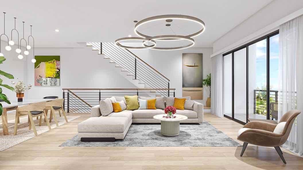 Dining room, Interior, Living room, Pendant Lights, Recessed Lighting, Wood Texture Flooring