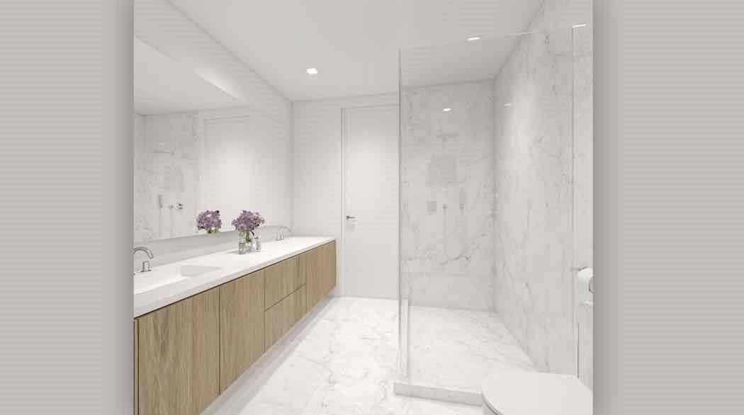 Bathroom, Glass Shower, Interior, Marble, Marble Walls, Recessed Lighting