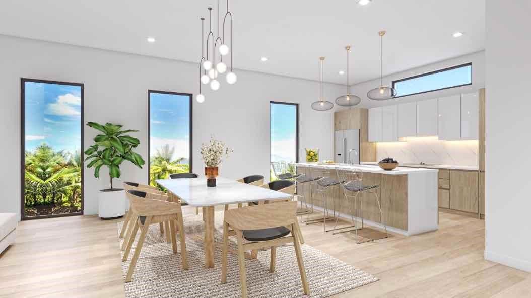 Dining room, Interior, Kitchen, Pendant Lights, Recessed Lighting, Wood Texture Flooring