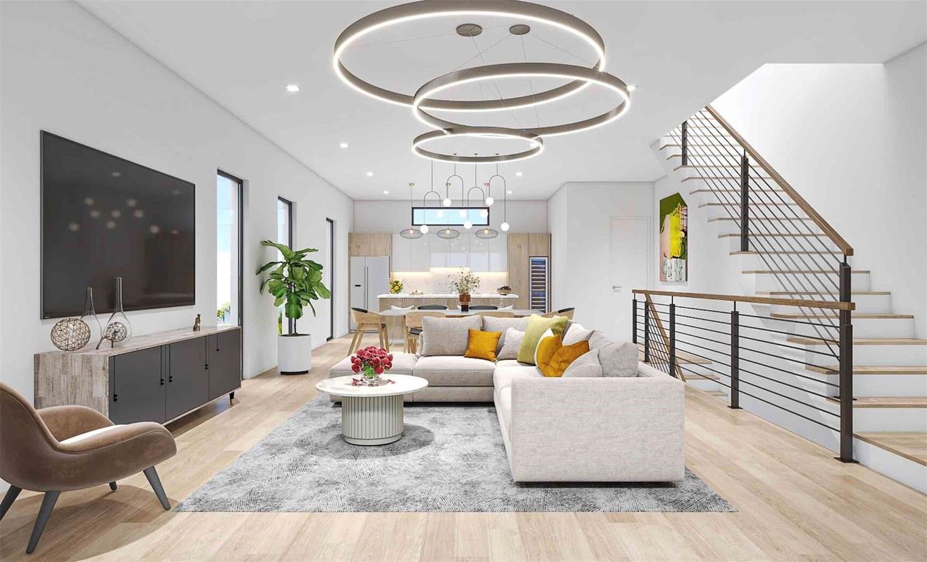 Interior, Kitchen, Living room, Pendant Lights, Recessed Lighting, Wood Texture Flooring