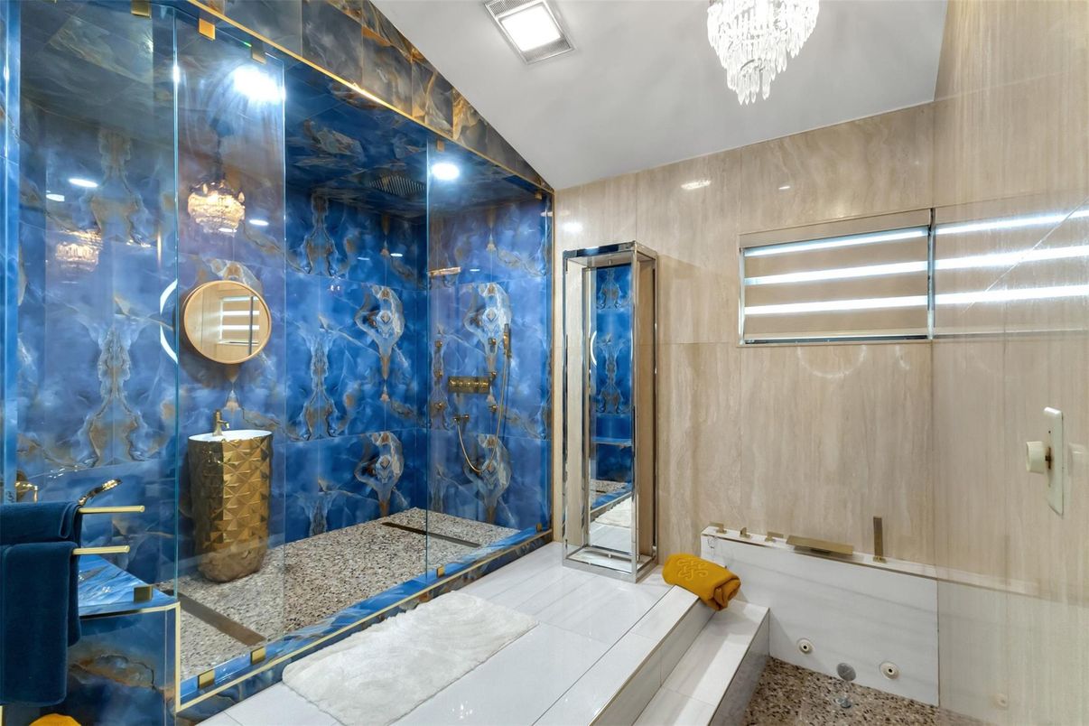 Bathroom, Chandelier, Glass Shower, Interior, Recessed Lighting
