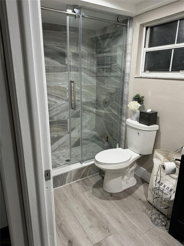 Bathroom, Glass Shower, Interior, Wood Texture Flooring