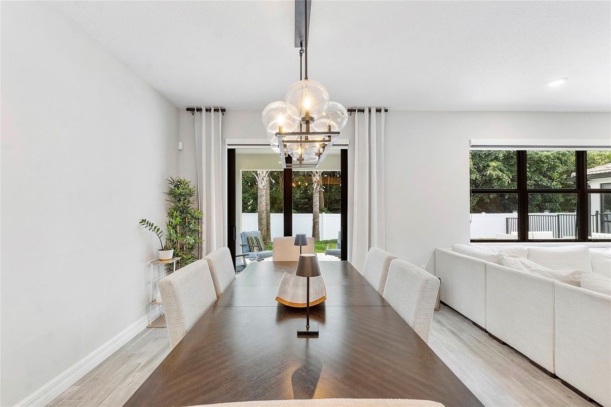 Dining room, Interior, Pendant Lights, Recessed Lighting, Wood Texture Flooring