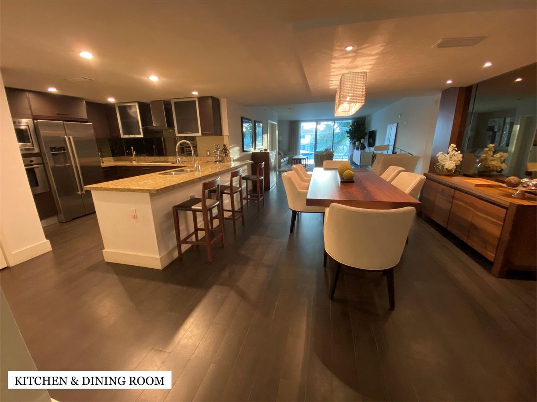 Dining room, Interior, Kitchen, Pendant Lights, Recessed Lighting, Stainless Steel Appliances, Wood Texture Flooring