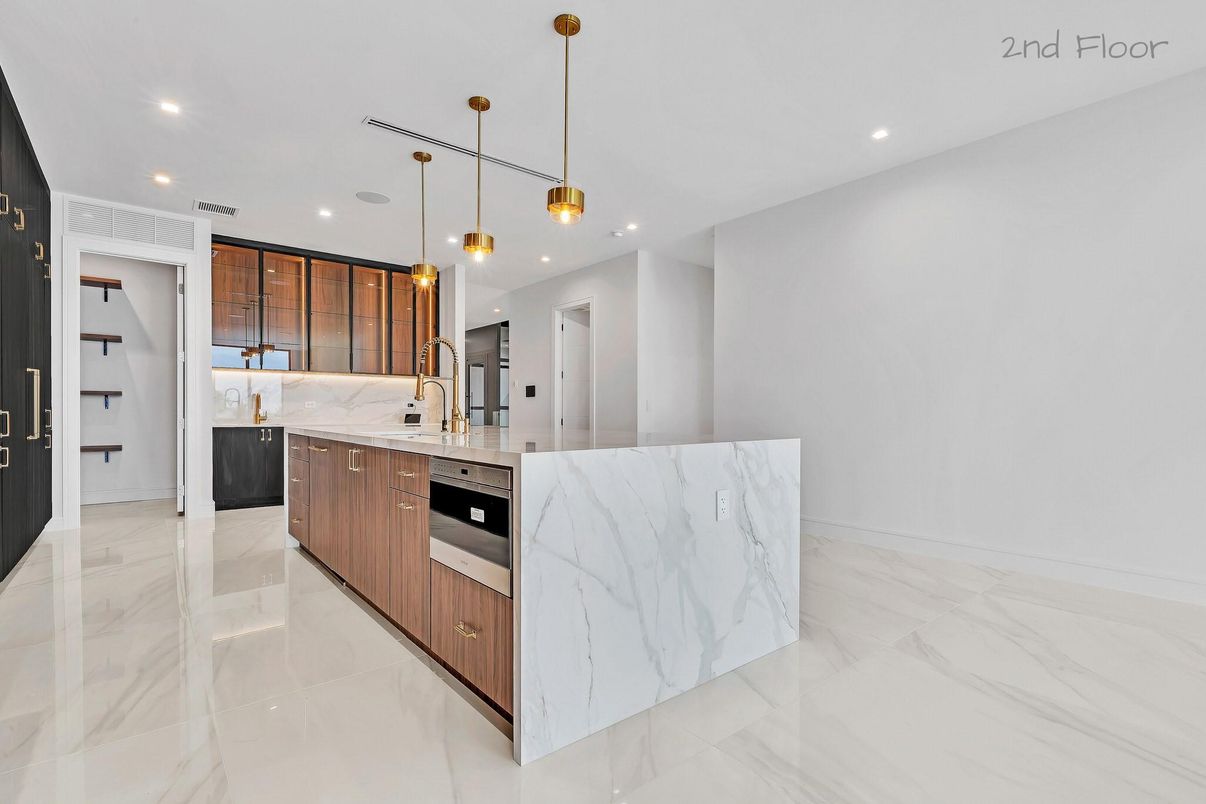 Interior, Kitchen, Marble, Pendant Lights, Recessed Lighting, Stainless Steel Appliances
