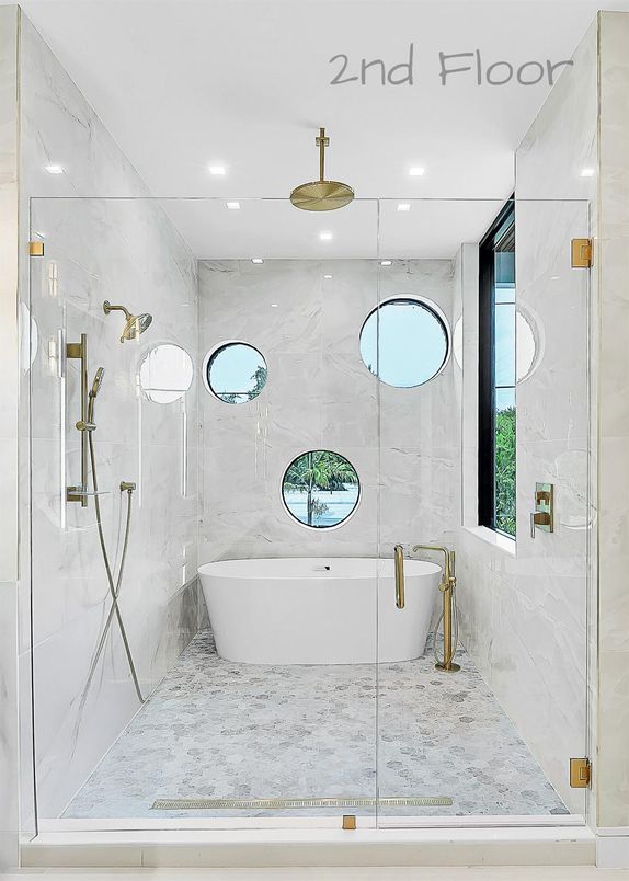 Bathroom, Free Standing Baths, Glass Shower, Interior, Marble Walls, Recessed Lighting