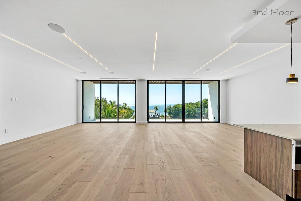 Empty room, Interior, Pendant Lights, Recessed Lighting, Water, Wood Texture Flooring