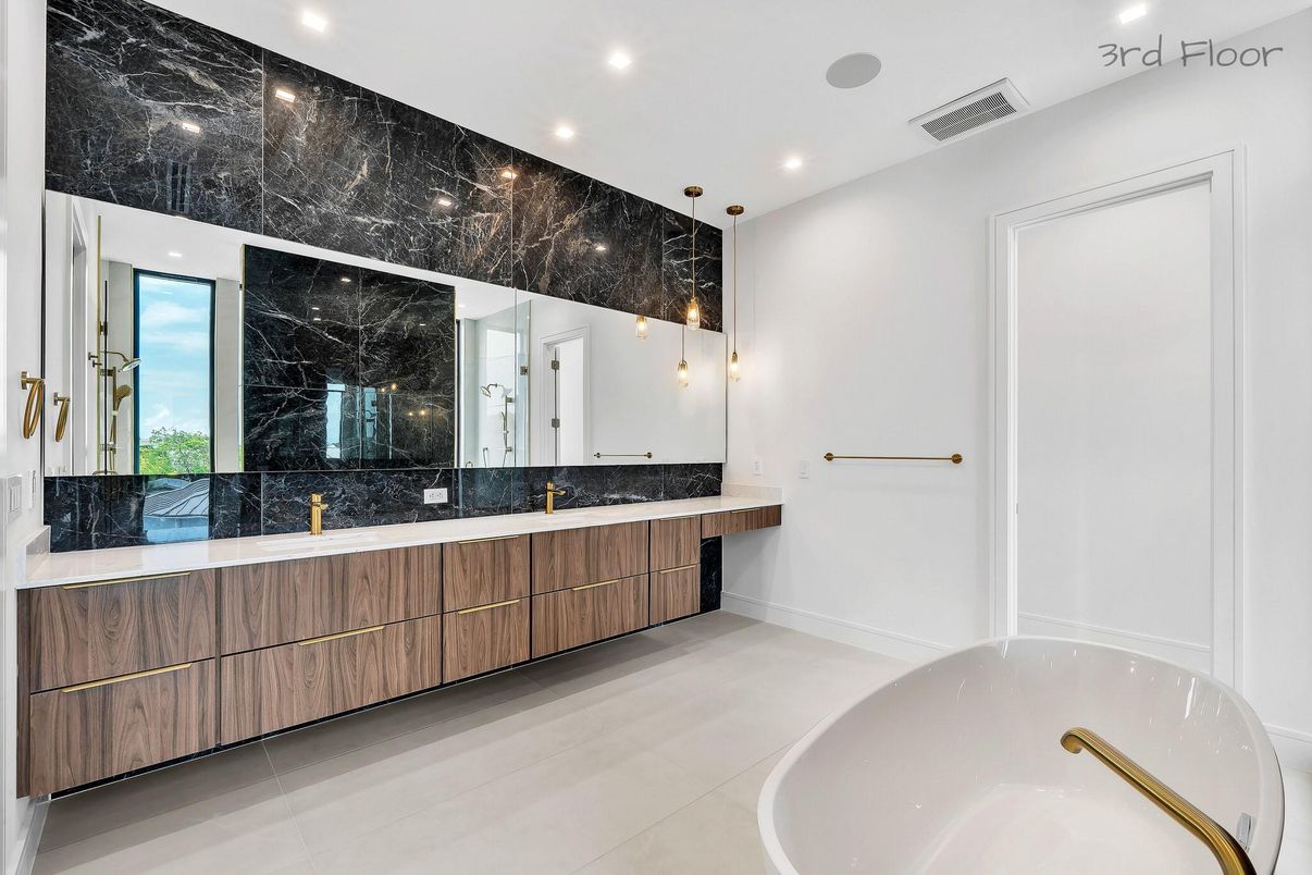 Bathroom, Dual Sink Vanities, Free Standing Baths, Interior, Marble Walls, Recessed Lighting